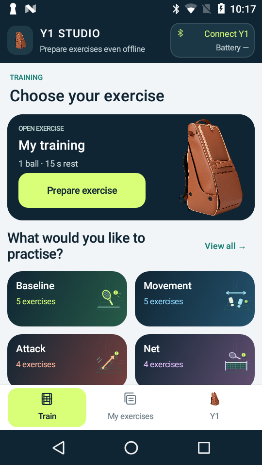 Y1 Studio home screen with training categories on an Android phone