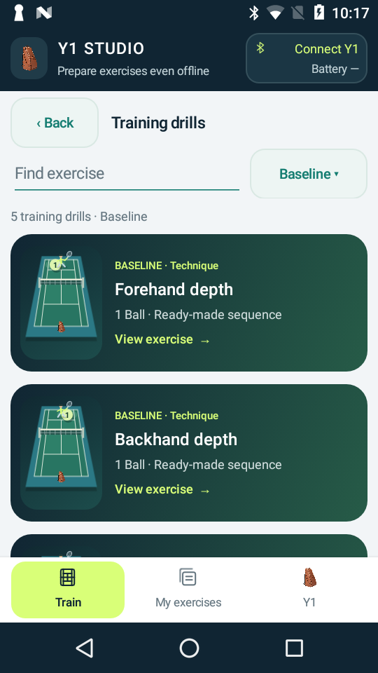 Y1 Studio training library with prepared forehand and backhand drills