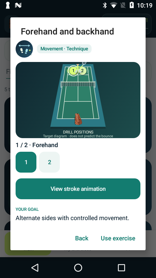 A Y1 Studio exercise showing the court, numbered balls and training objective