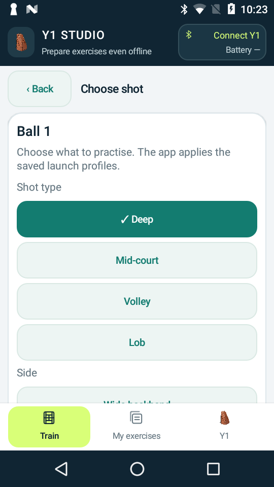 Shot selection in Y1 Studio showing Deep, Mid-court, Volley and Lob