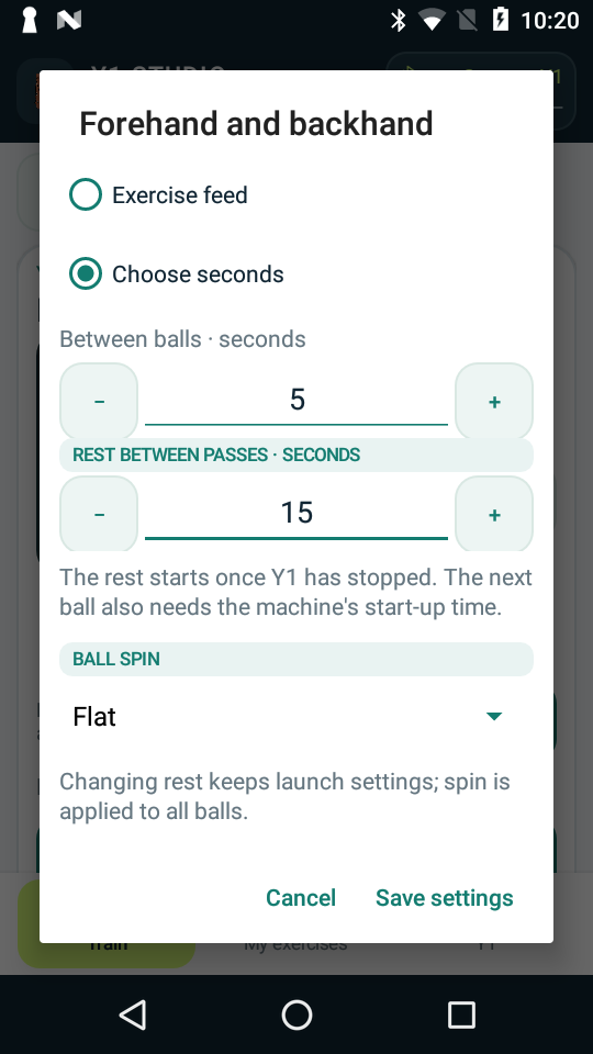 Y1 Studio drill timing settings with ball interval and rest controls